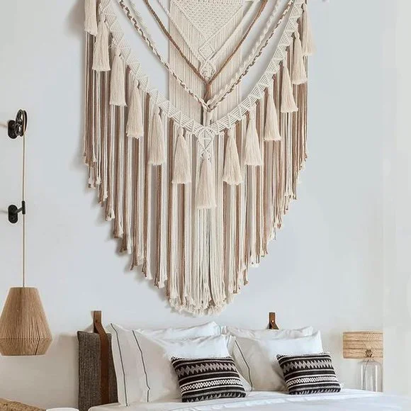 Boho Macrame Woven Brown Handmade Mid Century Modern Hanging Tassel Wall Decor - Picture 8 of 8